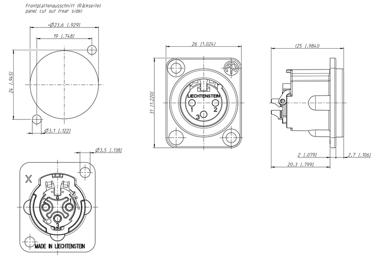 drawing & mounting du embase xlr Neutrik Embase Neutrik NC3MD-LX, XLR mâle 3 points, corps nickel, contacts argent