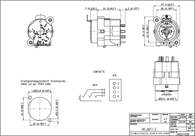drawing & mounting du embase xlr Neutrik Embase Neutrik NCJ6FI-S, femelle, combo XLR 3 points + Jack 6.35 mm stéréo, corps polyamide, contacts bronze