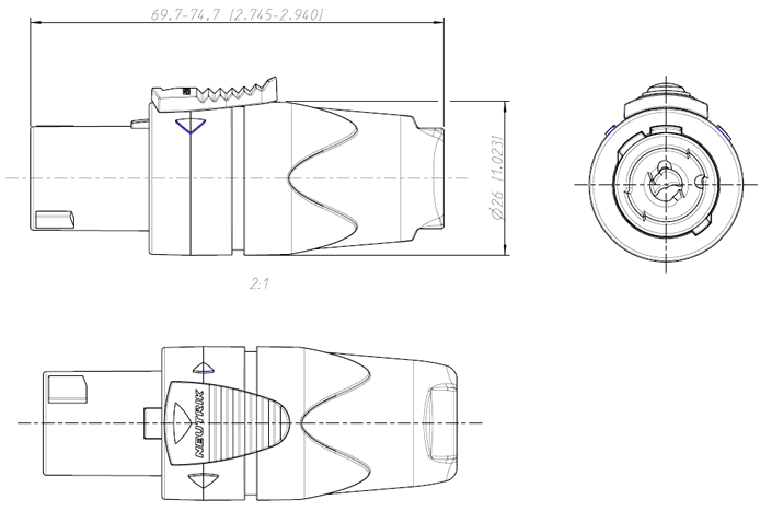 drawing & mounting du fiche speakon Neutrik Fiche Neutrik Speakon NL2FX, 2 points, femelle, contacts laiton