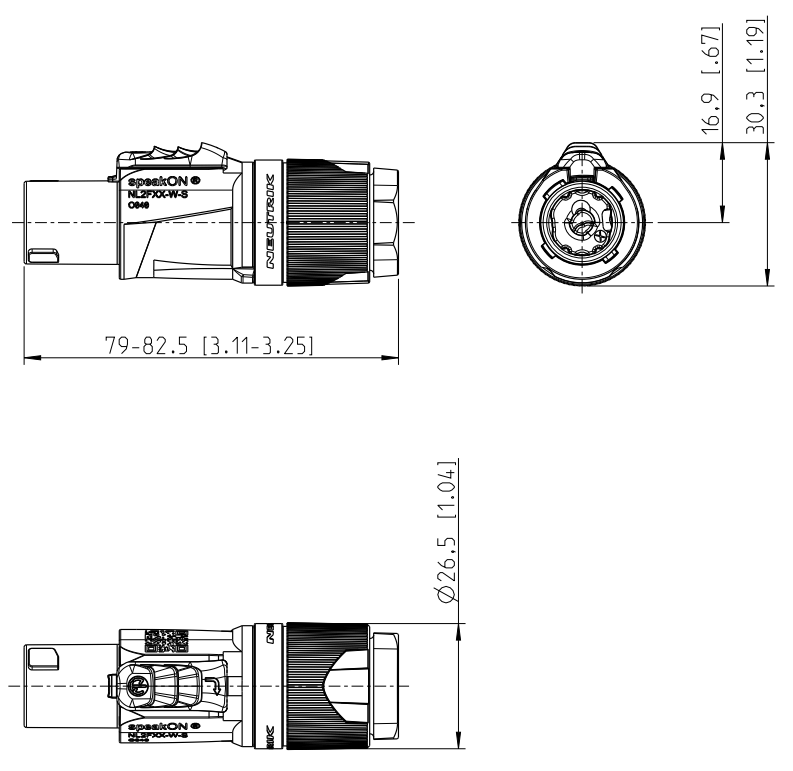 drawing & mounting du fiche speakon Neutrik Fiche Neutrik Speakon NL2FXX-W-S, 2 points, femelle, contacts cuivre, manchon marron, pour câble diamètre 6 à 12 mm
