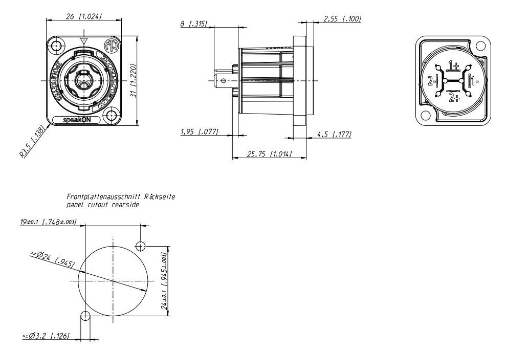 drawing & mounting du embase speakon Neutrik Embase Neutrik Speakon NL2MPXX, 2 points, mâle, contacts argent