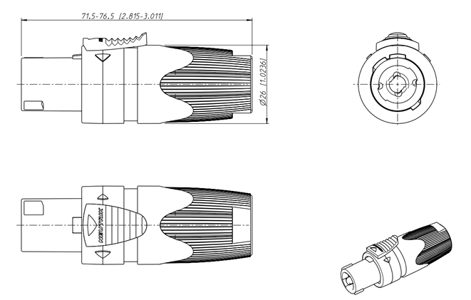 drawing & mounting du fiche speakon Neutrik Fiche Neutrik Speakon NL4FX, 4 points, femelle, contacts laiton, manchon vert