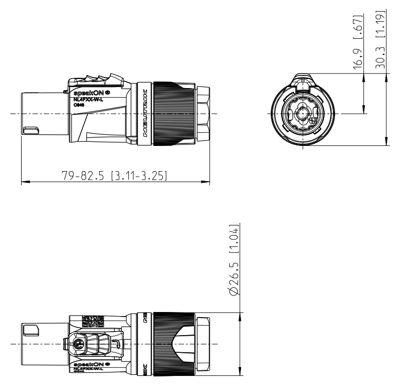 drawing & mounting du fiche speakon Neutrik Fiche Neutrik Speakon NL4FXX-W-L, 4 points, femelle, contacts laiton, manchon vert, pour câble diamètre 10 à 16 mm