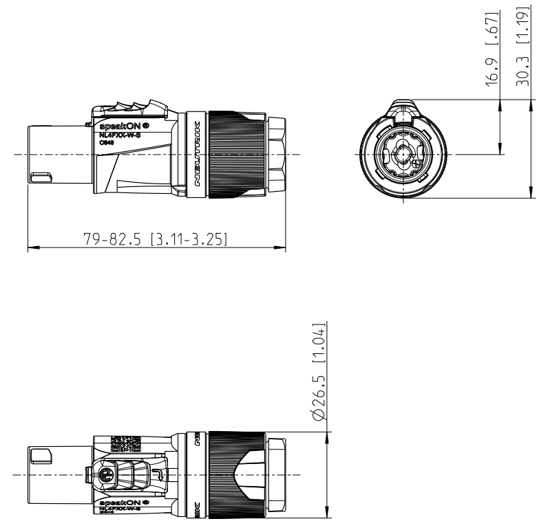 drawing & mounting du fiche speakon Neutrik Fiche Neutrik Speakon NL4FXX-W-S, 4 points, femelle, contacts cuivre, manchon vert, pour câble diamètre 6 à 12 mm