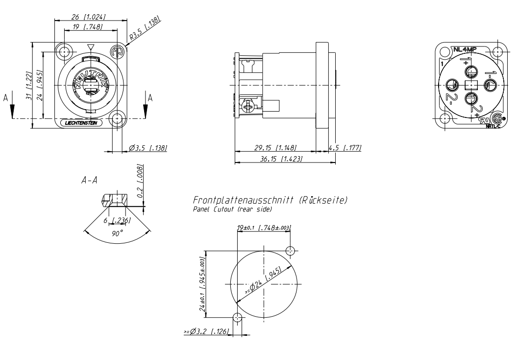 drawing & mounting du embase speakon Neutrik Embase Neutrik Speakon NL4MP-ST (à visser), 4 points, mâle, contacts argent, format-D