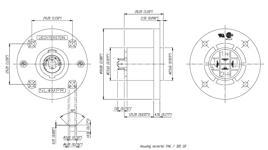 drawing & mounting du embase speakon Neutrik Embase Neutrik Speakon NL4MPR, 4 points, mâle, contacts bronze, format-G