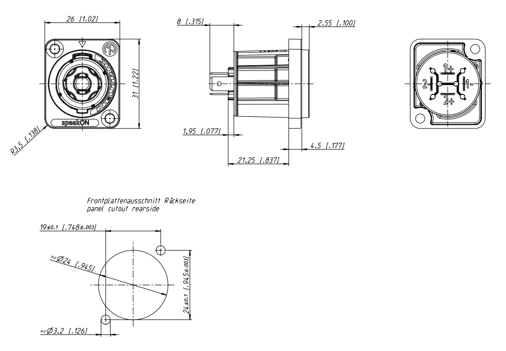 drawing & mounting du embase speakon Neutrik Embase Neutrik Speakon NL4MPXX, 4 points, mâle, contacts argent, format-D