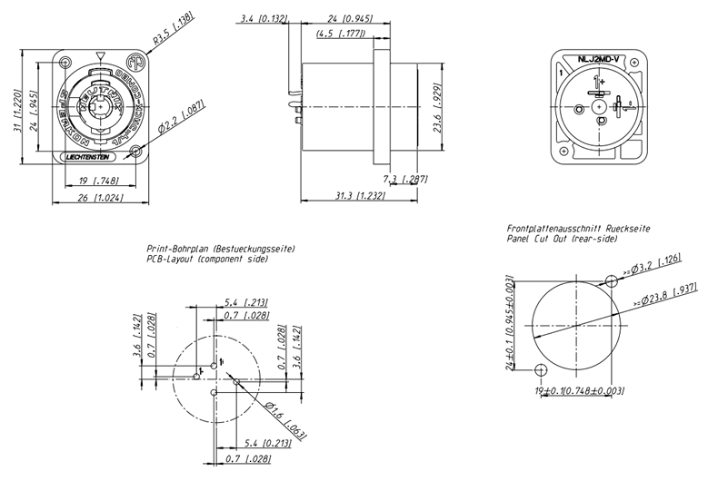 drawing & mounting du embase speakon Neutrik Embase Neutrik NLJ2MD-V, femelle, combo Speakon 4 points + Jack 6.35 mm stéréo, montage CI vertical