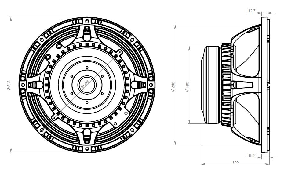 drawing & mounting du haut parleur à cône Oberton Haut-parleur Oberton 12B45V, 8 ohm, 12 pouce