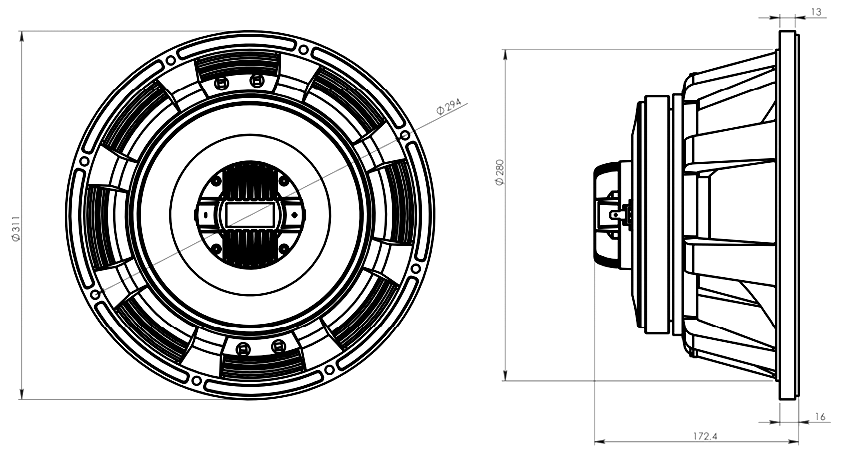 drawing & mounting du haut-parleur coaxial à deux entrées Oberton Haut-parleur coaxial Oberton 12CX1, 8+16 ohm, 12 pouce