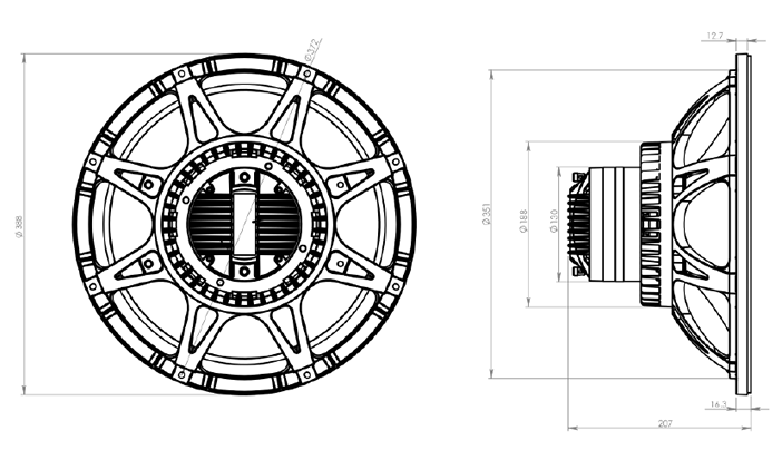 Image Drawing & Mounting haut-parleur coaxial à deux entrées Oberton Haut-parleur coaxial Oberton 15NCX, 8+16 ohm, 15 pouce