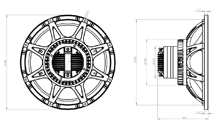 drawing & mounting du haut-parleur coaxial à deux entrées Oberton Haut-parleur coaxial Oberton 15NCX, 8+16 ohm, 15 pouce