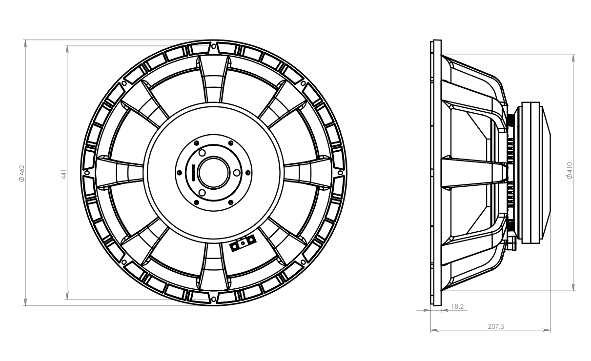 drawing & mounting du haut parleur à cône Oberton Haut-parleur Oberton 18XB1500V2, 8 ohm, 18 pouce
