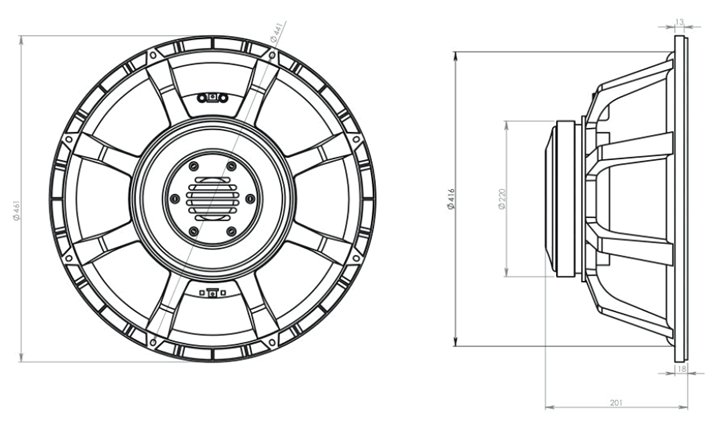 Image Drawing & Mounting haut parleur à cône Oberton Haut-parleur Oberton 18XB700, 8 ohm, 18 pouce