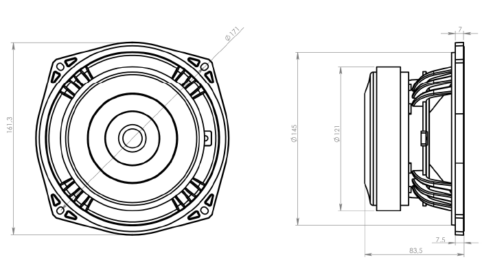 drawing & mounting du haut parleur à cône Oberton Haut-parleur Oberton 6B150, 8 ohm, 6.5 pouce