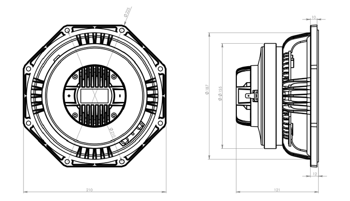 drawing & mounting du haut-parleur coaxial à deux entrées Oberton Haut-parleur coaxial Oberton 8CX, 8+16 ohm, 8 pouce