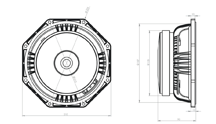 drawing & mounting du haut parleur à cône Oberton Haut-parleur Oberton 8M250, 8 ohm, 8 pouce