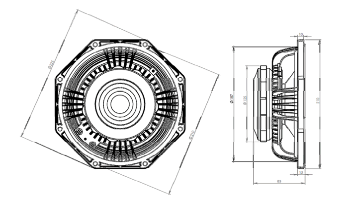 drawing & mounting du haut parleur à cône Oberton Haut-parleur Oberton 8NM250V2, 16 ohm, 8 pouce