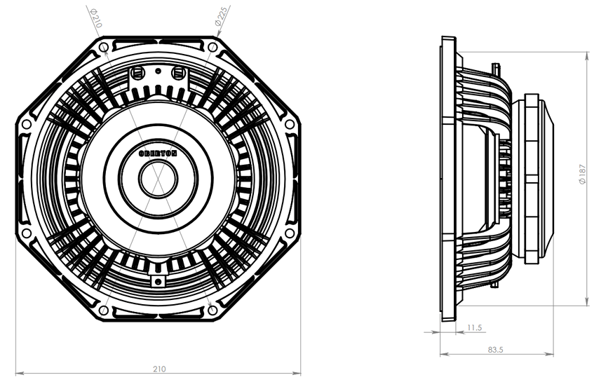 drawing & mounting du haut parleur à cône Oberton Haut-parleur Oberton 8NMB250v4, 8 ohm, 210/225 mm