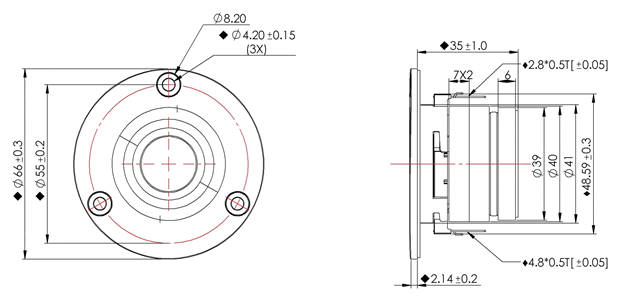 drawing & mounting du tweeter à dôme Peerless Tweeter à dôme Peerless DX20BF00-04, 4 ohm, bobine diamètre 19 mm