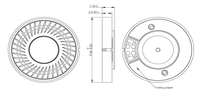 drawing & mounting du haut parleur casque Peerless Haut-parleur pour casque Peerless HPD-40N16PET00-32, 32 ohm, 40 mm