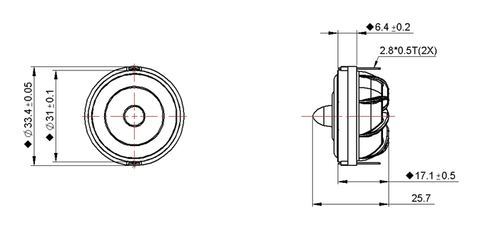 drawing & mounting du tweeter à dôme Peerless Tweeter à dôme Peerless OT19NC00-04, 4 ohm, bobine 19 mm