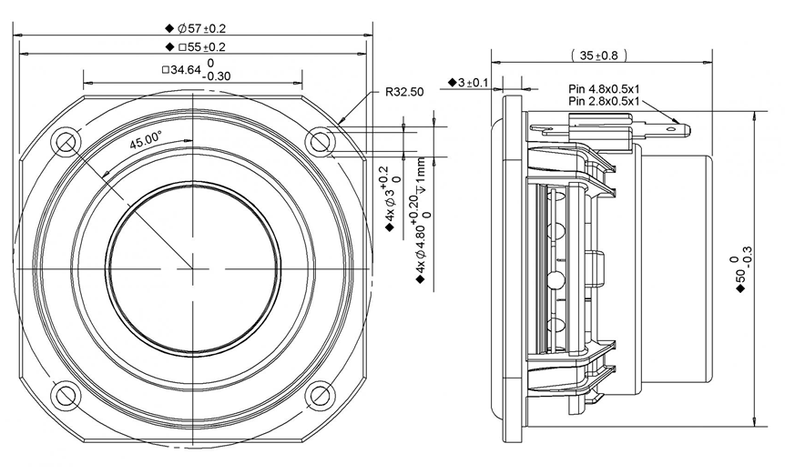 drawing & mounting du haut parleur à cône Peerless Haut-parleur large-bande Peerless PLS-P830983, 4 ohm, 55 x 55 mm