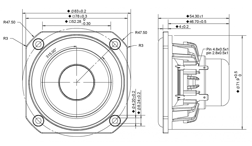 drawing & mounting du haut parleur à cône Peerless Haut-parleur large-bande Peerless PLS-P830986, 8 ohm, 78 x 78 mm