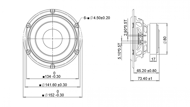 drawing & mounting du haut parleur à cône Peerless Haut-parleur Peerless SDS-135F25CP02-04, 4 ohm, 152 mm