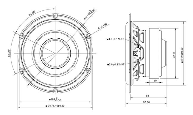 Image Drawing & Mounting haut parleur à cône Peerless Haut-parleur Peerless SLS-P830946, 4 ohm, 182/164 mm