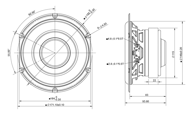 drawing & mounting du haut parleur à cône Peerless Haut-parleur Peerless SLS-P830946, 4 ohm, 182/164 mm