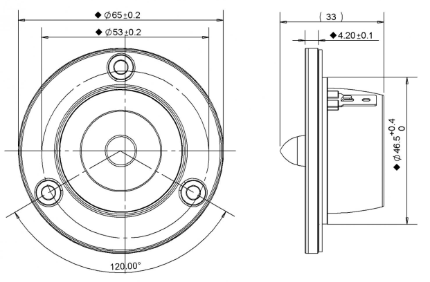 drawing & mounting du tweeter à dôme Peerless Tweeter dôme Vifa XT25SC90-04, 4 ohm, bobine 25 mm, façade 65 mm