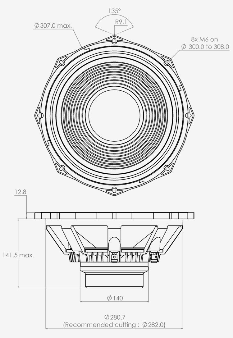 drawing & mounting du haut parleur à cône PHL Audio Haut-parleur PHL Audio 4310NdU, 8 ohm, 12 pouce