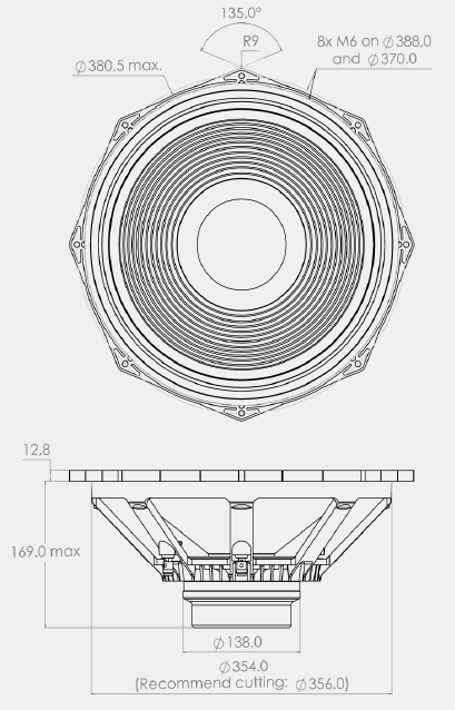 drawing & mounting du haut parleur à cône PHL Audio Haut-parleur PHL Audio 5510MNdS, 8 ohm, 15 pouce