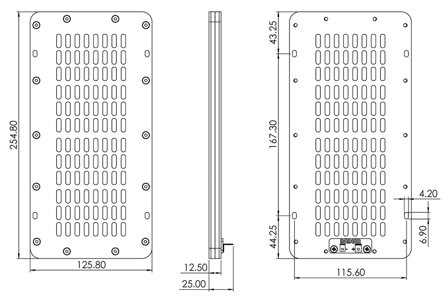 drawing & mounting du haut-parleur à ruban Radian Haut-parleur large-bande à ruban Radian LM10N, 6.8 ohm, 125.8 x 254.8 mm