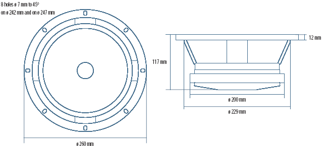Image Drawing & Mounting haut parleur à cône RCF Haut-parleur RCF L10/750YK, 16 ohm, 260 mm