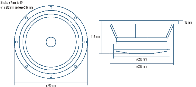 drawing & mounting du haut parleur à cône RCF Haut-parleur RCF L10/750YK, 16 ohm, 260 mm