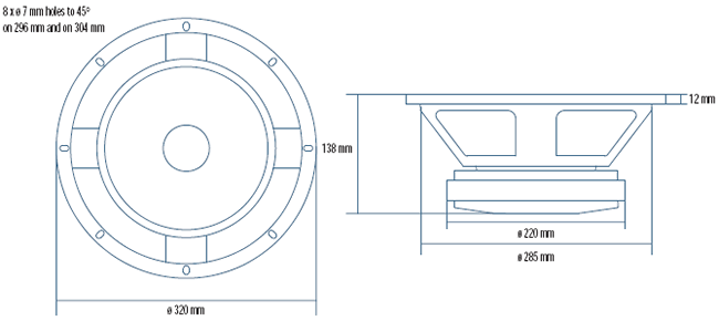 Image Drawing & Mounting haut parleur à cône RCF Haut-parleur RCF L12L750, 8 ohm, 320 mm