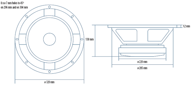 drawing & mounting du haut parleur à cône RCF Haut-parleur RCF L12L750, 8 ohm, 320 mm