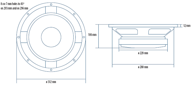 Image Drawing & Mounting haut parleur à cône RCF Haut-parleur RCF L12P110K, 8 ohm, 312 mm