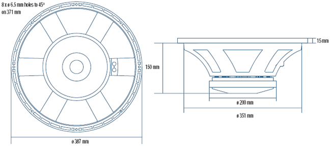 drawing & mounting du haut parleur à cône RCF Haut-parleur RCF L15P540, 8 ohm, 387 mm