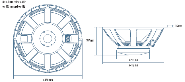 drawing & mounting du haut parleur à cône RCF Haut-parleur RCF L18P300, 8 ohm, 460 mm