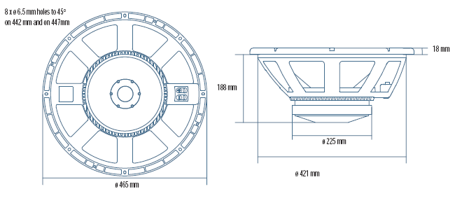 Image Drawing & Mounting haut parleur à cône RCF Haut-parleur RCF L18P400, 8 ohm, 465 mm