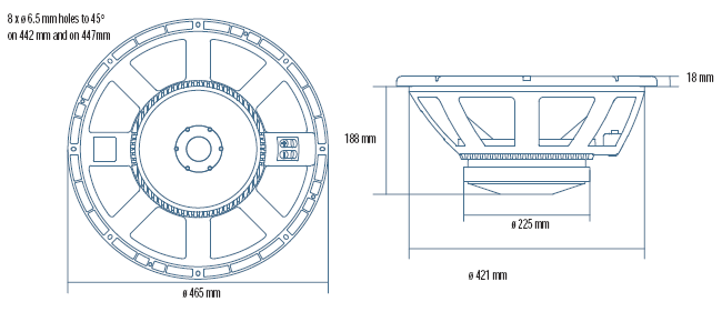 drawing & mounting du haut parleur à cône RCF Haut-parleur RCF L18P400, 8 ohm, 465 mm