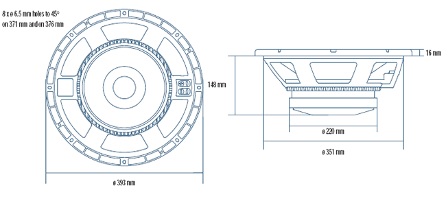 Image Dimensions & Montage haut parleur à cône RCF Haut-parleur RCF LF15G401, 8 ohm, 393 mm