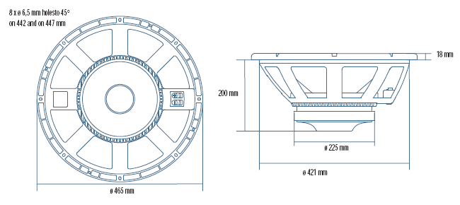 drawing & mounting du haut parleur à cône RCF Haut-parleur RCF LF18G400, 8 ohm, 465 mm
