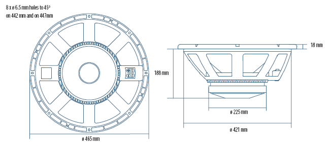 drawing & mounting du haut parleur à cône RCF Haut-parleur RCF LF18G401, 8 ohm, 465 mm