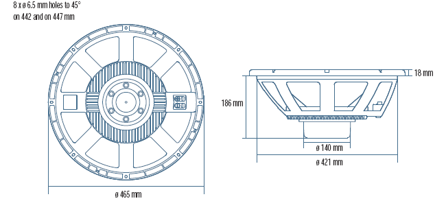 Image Drawing & Mounting haut parleur à cône RCF Haut-parleur RCF LF18N401, 8 ohm, 465 mm