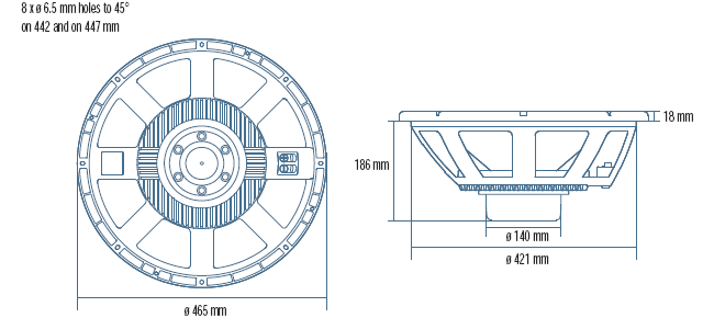 drawing & mounting du haut parleur à cône RCF Haut-parleur RCF LF18N401, 8 ohm, 465 mm