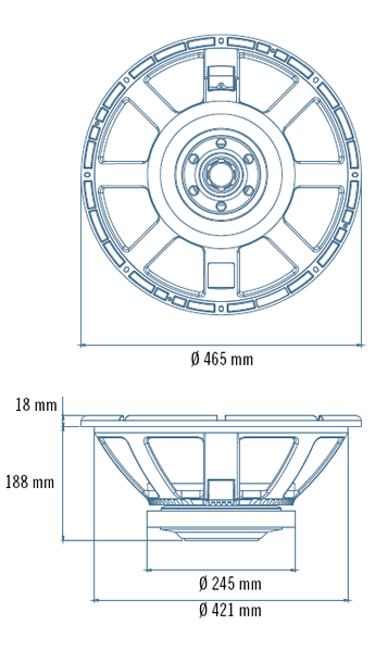 drawing & mounting du haut parleur à cône RCF Haut-parleur RCF LF18X401, 8 ohm, 465 mm